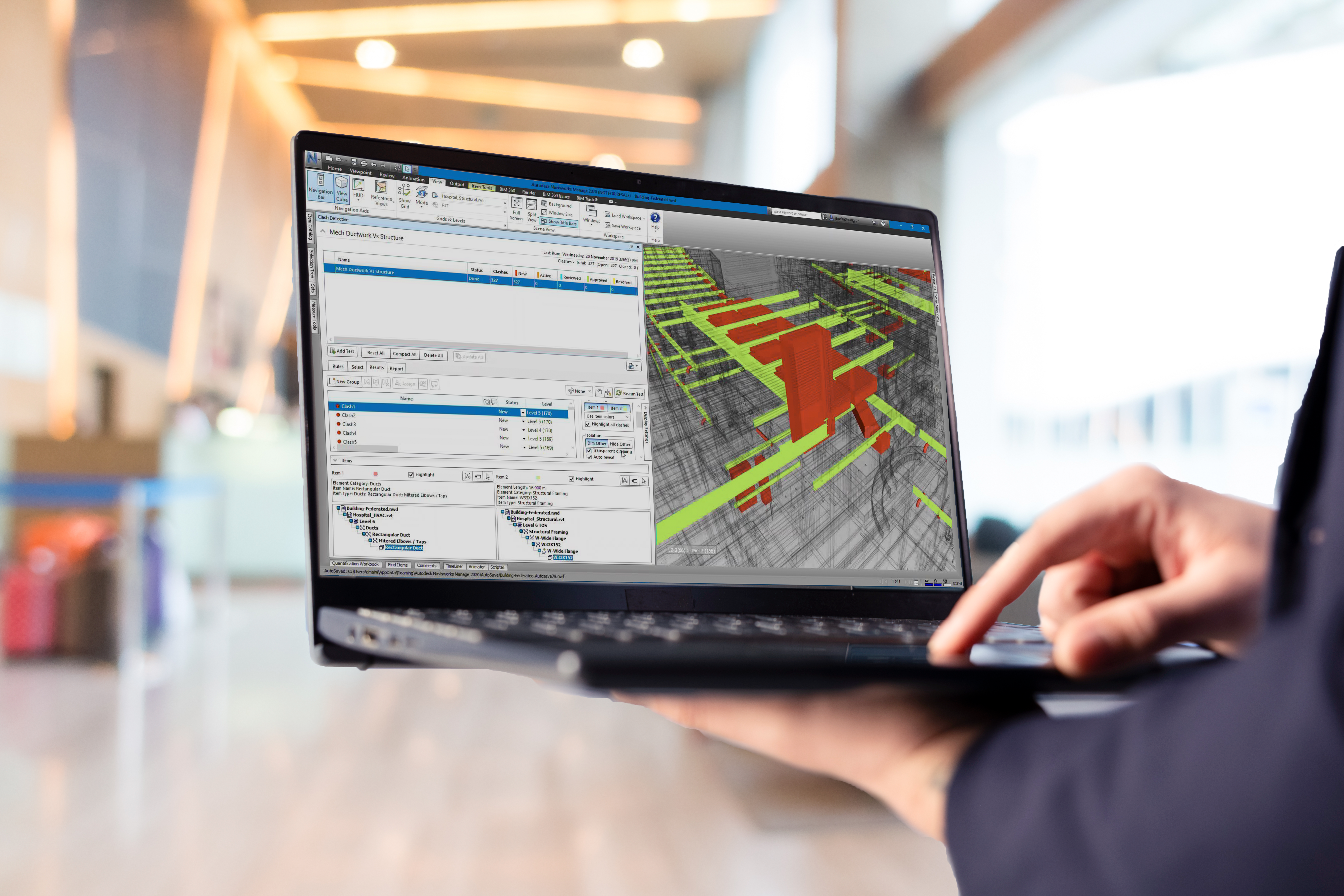 3D BIM clash detection on laptop screen